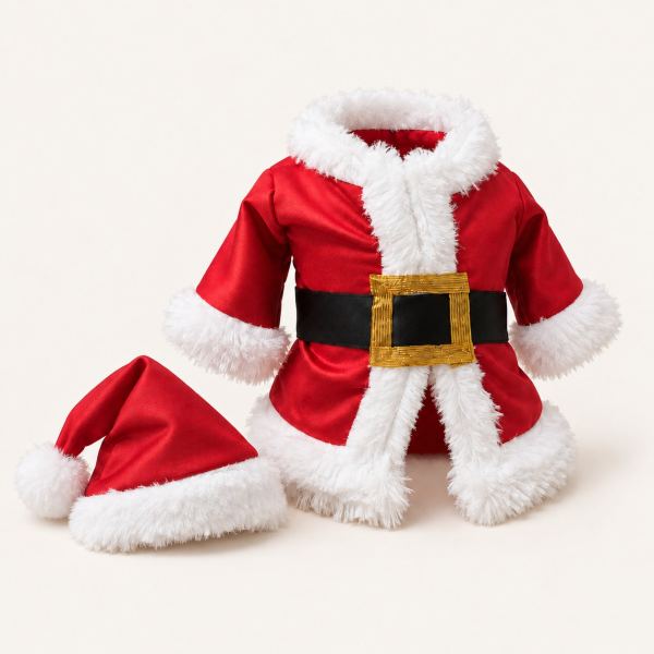 Conjunto navideño infantil de Papá Noel con abrigo rojo de bordes blancos afelpados, cinturón negro con hebilla dorada y gorro a juego.