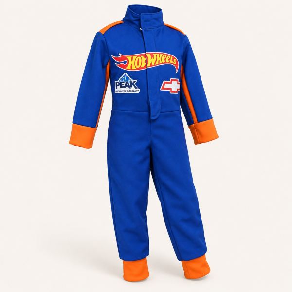 Enterizo de carrera azul con detalles naranjas y parches de Hot Wheels, categoría fantasía.