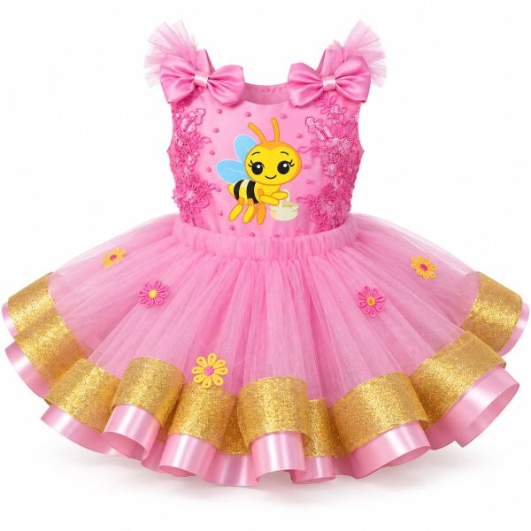 Vestido de abejita chiquitita color rosado para niña, con tema de abejita, hecho y bordado a mano en Panamá