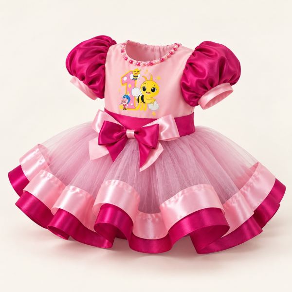 Vestido de cumpleaños rosa con mangas abullonadas fucsia, lazo grande en la cintura, falda de tul y listones, y estampado de un 1 con una abejita.
