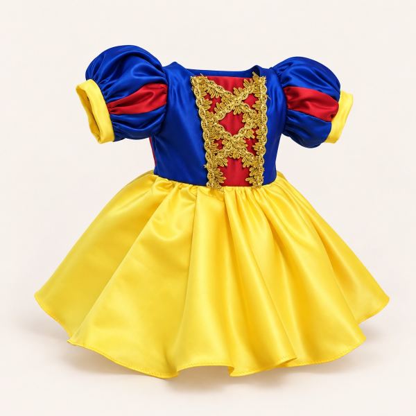 Vestido infantil estilo Blanca Nieves con mangas abullonadas azules y rojas, corpiño azul con encaje dorado y falda amarilla amplia.