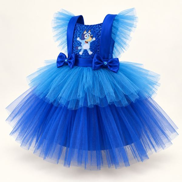 Vestido de tul azul en tonos variados con cuerpo de lentejuelas, lazos azules al frente y un estampado de Bluey en el pecho.