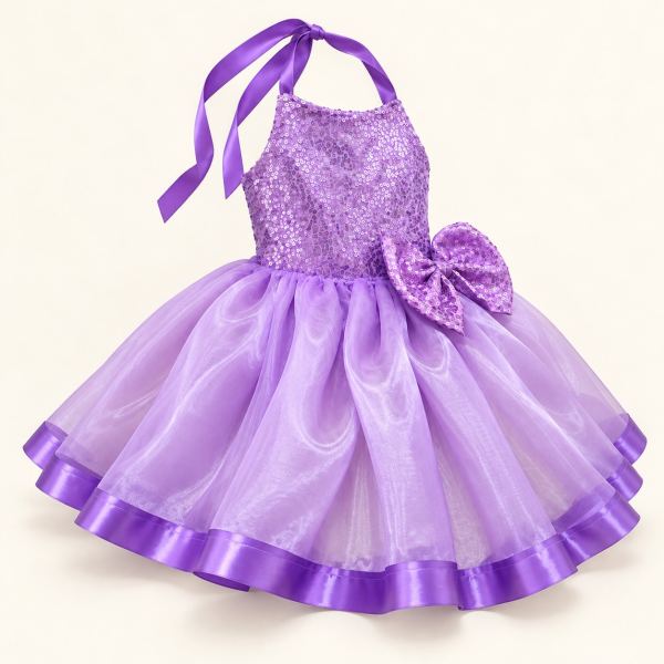 Vestido de cumpleaños lila con cuello halter, parte superior con lentejuelas, moño lateral brillante y falda de tul con ribete satinado.