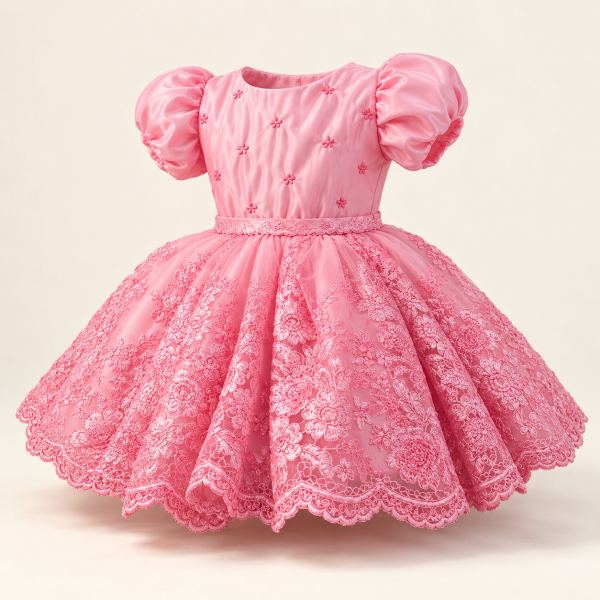 Vestido de gala rosa para niña con mangas abullonadas, cuerpo con pequeños bordados y falda amplia de encaje floral.