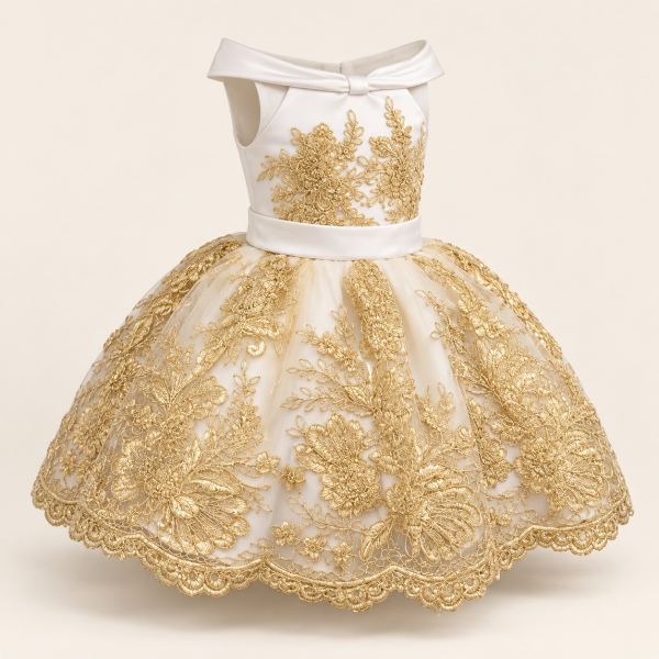 Vestido de gala infantil blanco con bordado floral dorado en el corpiño y la falda, cuello tipo off-shoulder y faja blanca en la cintura.
