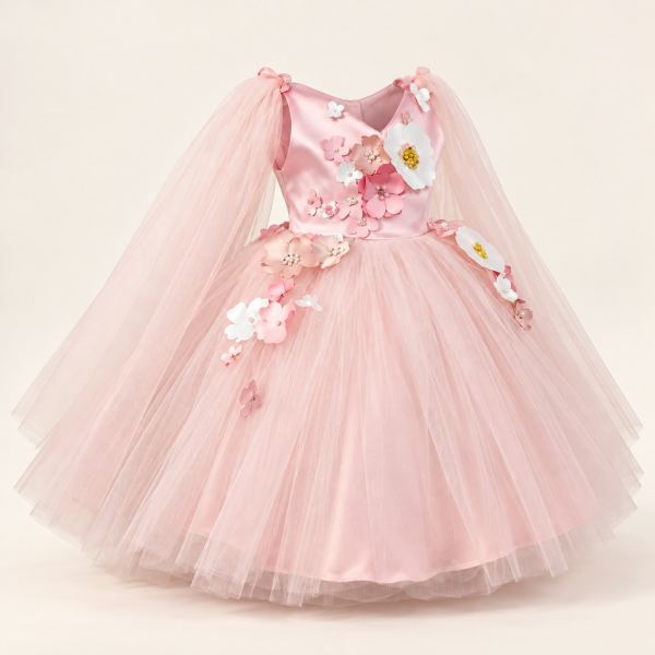 Vestido de gala rosa con capa de tul, corpiño satinado y flores decorativas en tonos rosa y blanco sobre el talle y un costado.