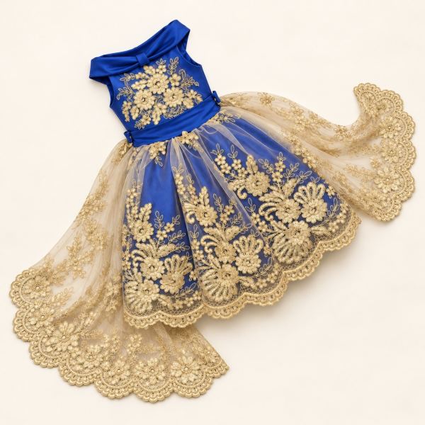 Vestido de gala azul royal con bordados florales dorados, cuerpo de satén, cinturón y falda de tul con cola bordada.
