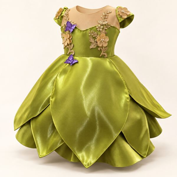 Vestido de gala verde para niña con falda de pétalos satinada, bordados de flores doradas y mariposas moradas en el corpiño.
