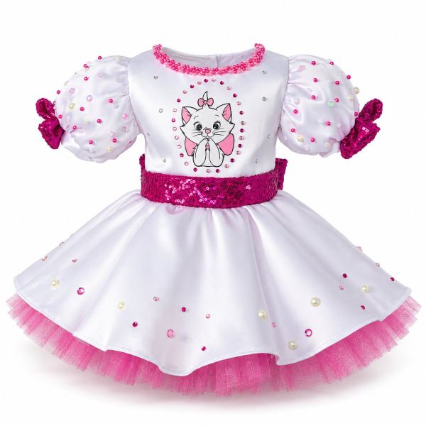 Vestido blanco de satén con gatita, mangas con perlas, faja y lazos fucsia de lentejuelas y tul fucsia