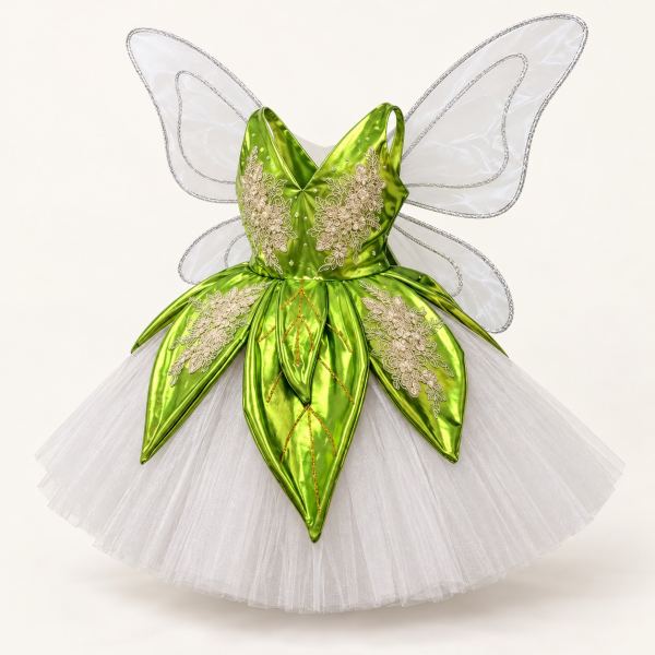 Vestido de hada verde metalizado con bordados dorados, falda de tul blanco y alas transparentes con borde plateado.
