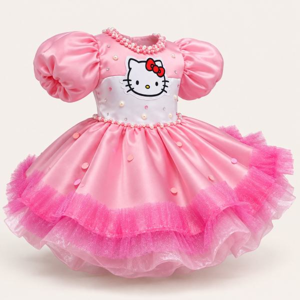 Vestido infantil rosa estilo Hello Kitty con mangas abullonadas, perlas en el cuello y falda de tul fucsia en capas