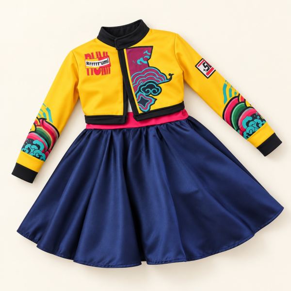 Vestido infantil de fantasía con chaqueta amarilla de cuello negro, estampados de colores y falda azul marino de vuelo.