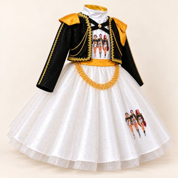 Vestido de fantasía para niña con chaqueta negra de brillo y detalles dorados, blusa blanca con estampado de tres personajes y falda de tul blanco con puntos d…