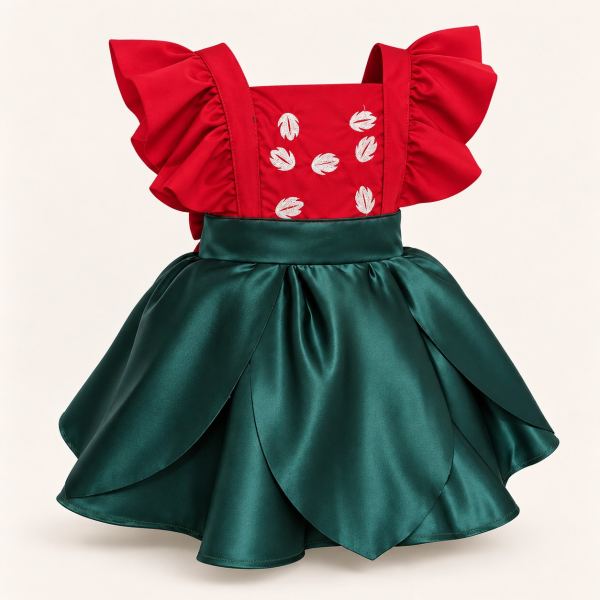 Vestido infantil de fantasía con top rojo de mangas volantes, detalles blancos bordados y falda verde satinada de capas en forma de pétalos.
