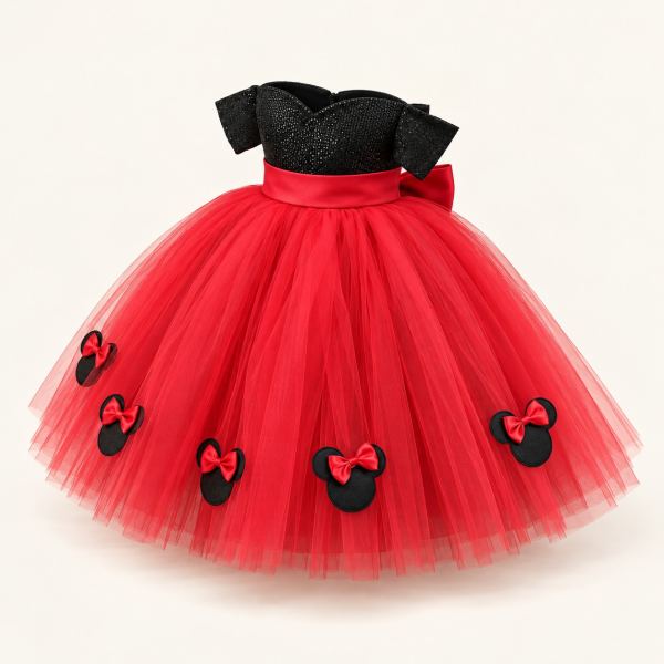 Vestido de Minnie rojo con falda de tul, body negro con brillo y lazos negros con orejas de Minnie en la falda.