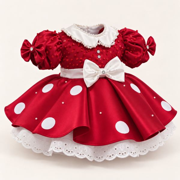 Vestido infantil rojo estilo Minnie con lunares blancos, cuello de encaje blanco con perlas, mangas abullonadas, lazo blanco en la cintura y falda con volantes…