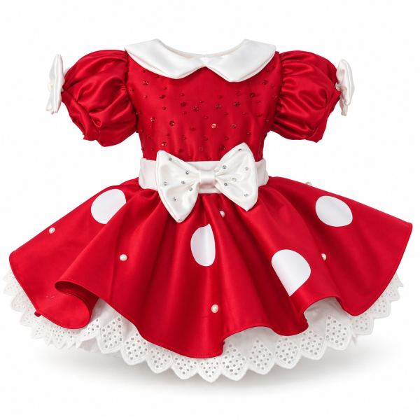 Vestido rojo estilo Minnie con lunares blancos, cuello blanco, mangas abullonadas, lazo blanco con detalles brillantes y falda con encaje blanco.