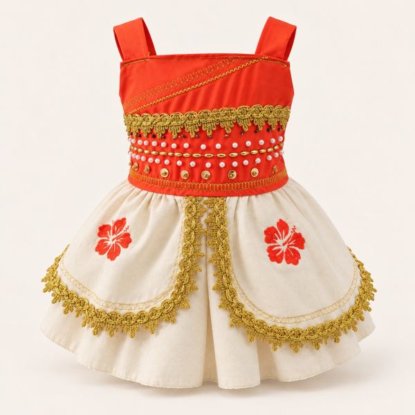 Vestido infantil temático de Moana en rojo y crema, con bordados de hibisco rojo y encaje dorado en la falda.