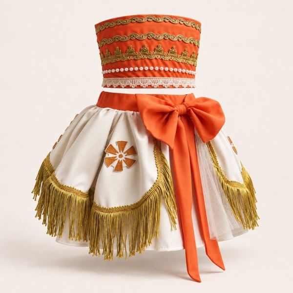 Vestido temático de Moana con corpiño naranja bordado en dorado, falda blanca con flecos dorados, lazo naranja en la cintura y un motivo circular naranja al fr…