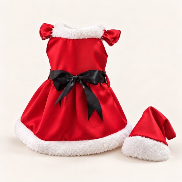 Vestido de Navidad rojo con lazo negro en la cintura, cuello y falda con ribete blanco de peluche, y gorrito navideño a juego.