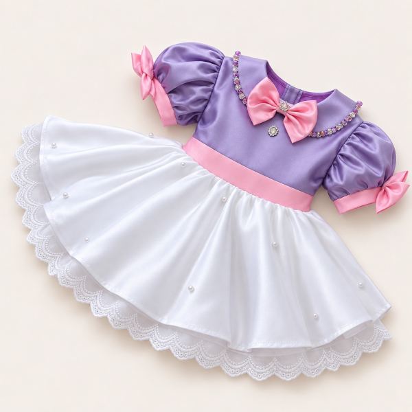 Vestido infantil de Pata Daisy con cuerpo lila, falda blanca con encaje, lazos rosados en las mangas y el pecho y perlas decorativas.