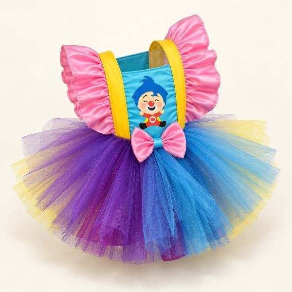 Vestido tutú de cumpleaños con capas de tul morado, azul y amarillo, tirantes amarillos, moño rosa y un personaje de Plin Plin al centro del pecho.