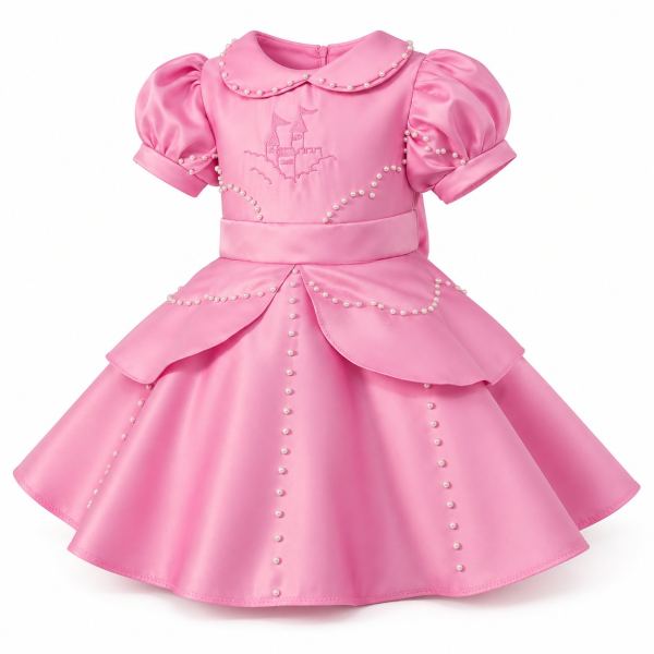 Vestido de princesa rosado para niña, hecho y bordado a mano en Panamá, disponible de 0-3 meses a 5 años