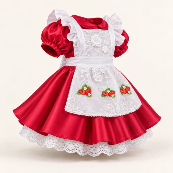 Vestido rojo de satén con mangas abullonadas, delantal blanco de encaje con fresas bordadas y falda con volumen y volante de encaje blanco.