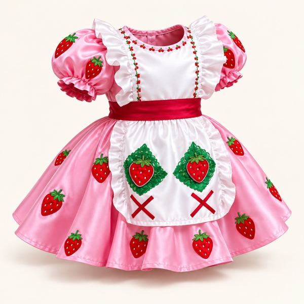 Vestido rosado de Rosita Fresita con mangas abullonadas, delantal blanco con fresas verdes y rojas, cinta roja en la cintura y falda con fresas aplicadas.