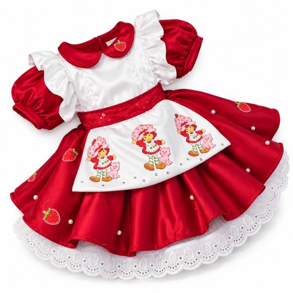 Vestido infantil rojo temático de Rosita Fresita con delantal blanco estampado, mangas abullonadas, cuello blanco, fresas bordadas y puntilla blanca en el bajo.