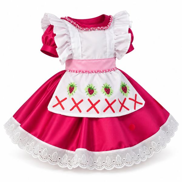 Vestido de Rosita Fresita rojo para niña, de JG Moda, hecho y bordado a mano en Panamá; tallas de 0-3 meses a 5 años.