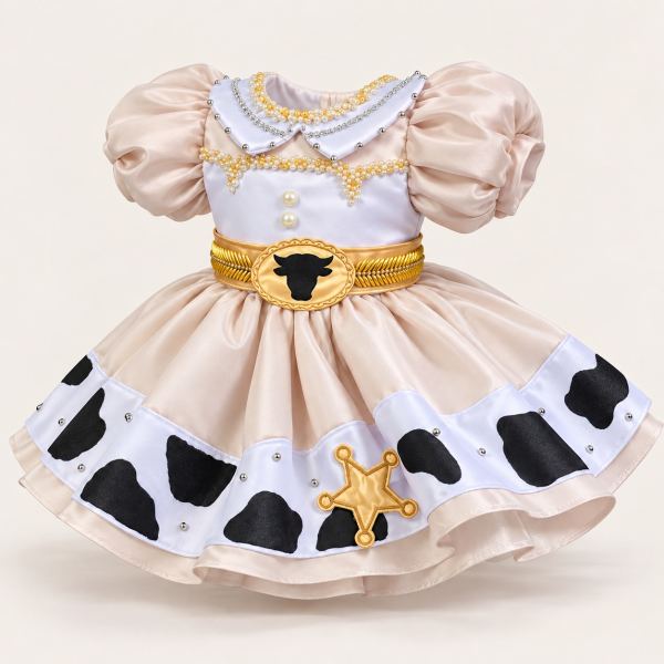 Vestido de fantasía tipo vaquita en tono crema con blanco, manchas negras, cuello con perlas, cinturón dorado con cabeza de vaca y broche de estrella.