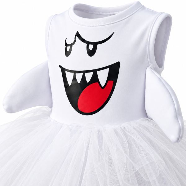 Vestido blanco con falda de tutú y estampado frontal de fantasma con boca abierta en negro y rojo