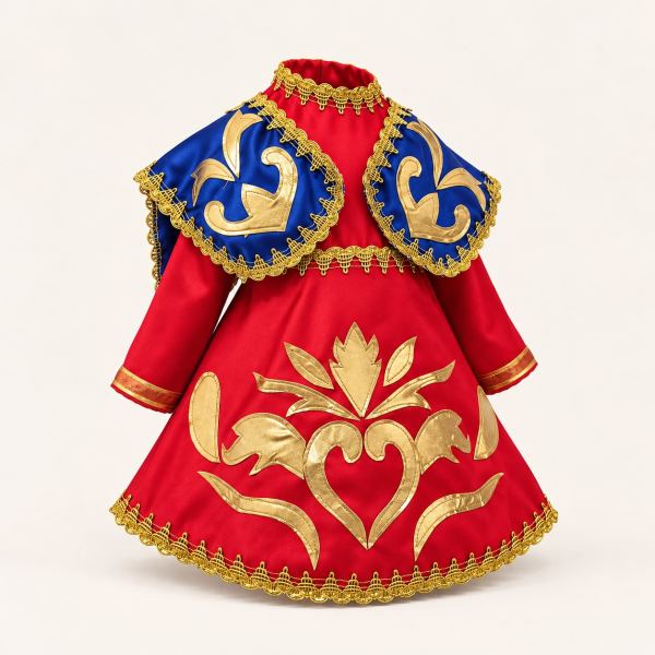Vestido temático rojo con capa azul en los hombros, apliques dorados en forma de flor y corazón y ribete dorado en el borde.