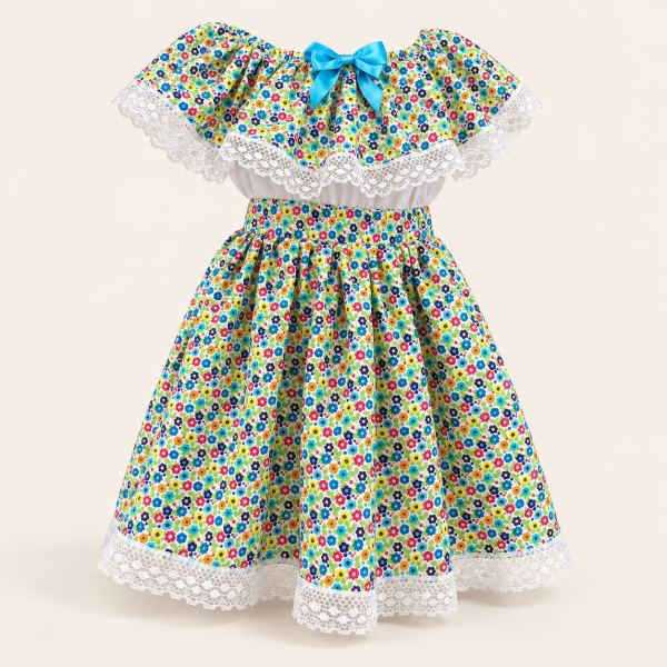 Vestido típico infantil de gala con estampado de flores multicolor, blusa blanca con volante de encaje y lazo azul, falda amplia con encaje en el borde.
